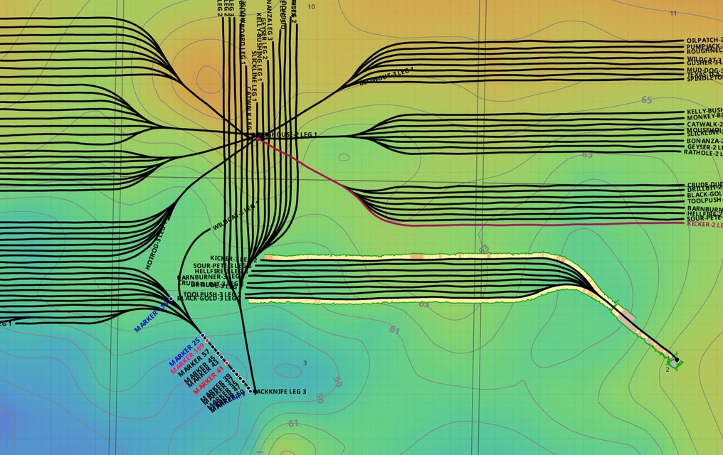 Map view: structural contour grid, well trajectories, and labelled laterals